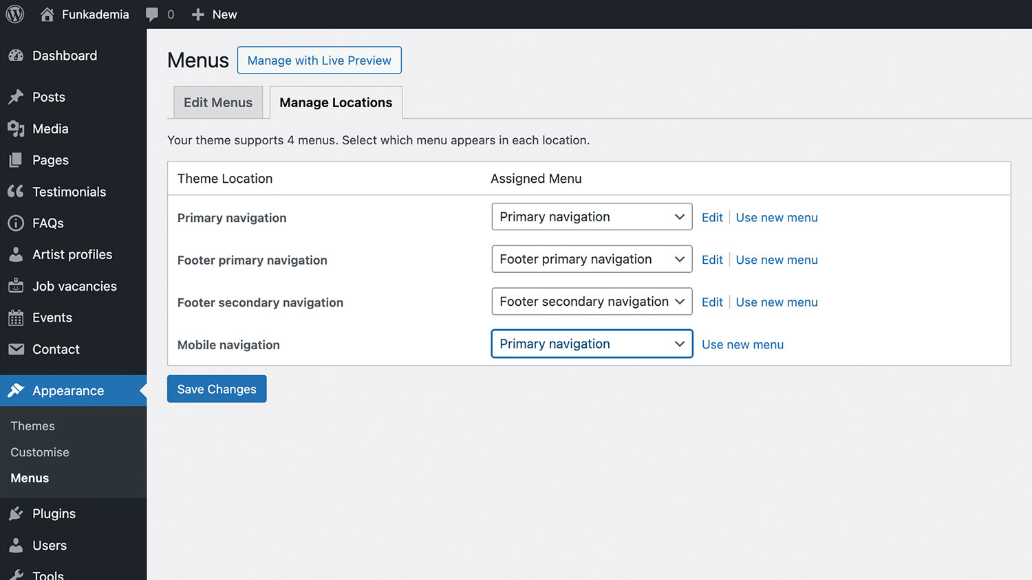 Managing menu locations Managing menu locations