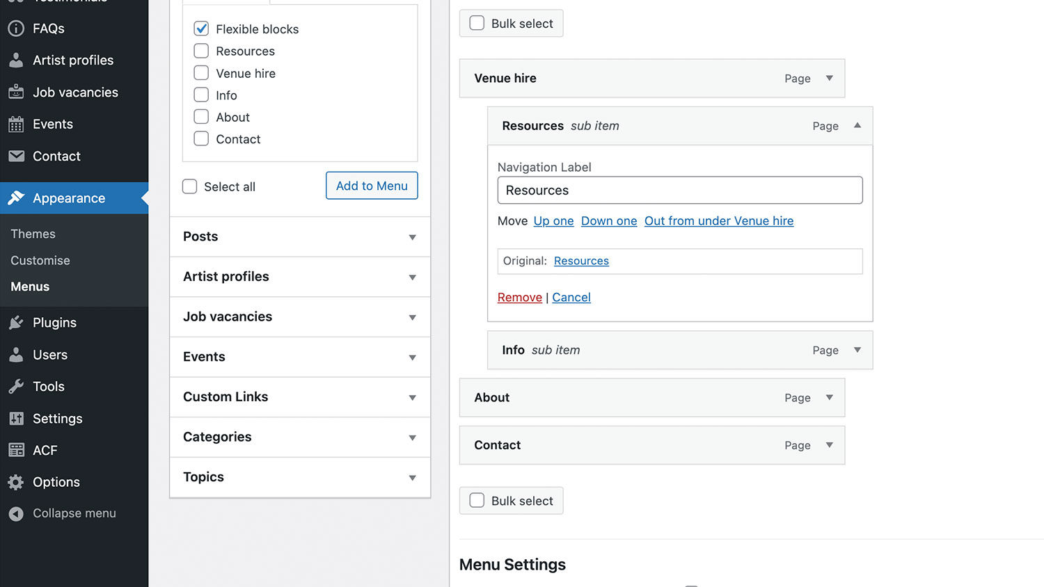 Removing menu items from the menu Removing menu items from the menu