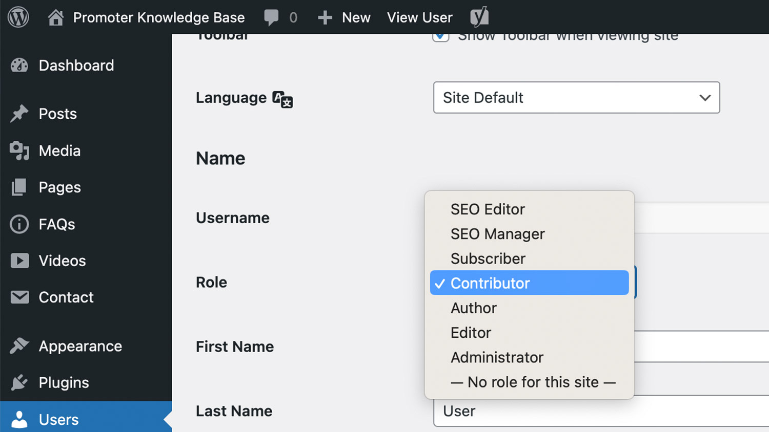 Changing the users role from the options in the dropdown Changing the users role from the options in the dropdown